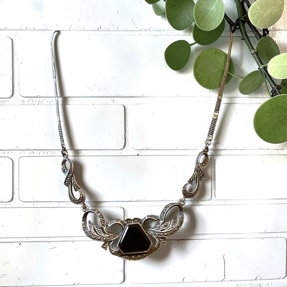 Vintage Art Deco Sterling Silver Black Onyx Marcasite Statement Necklace 925
